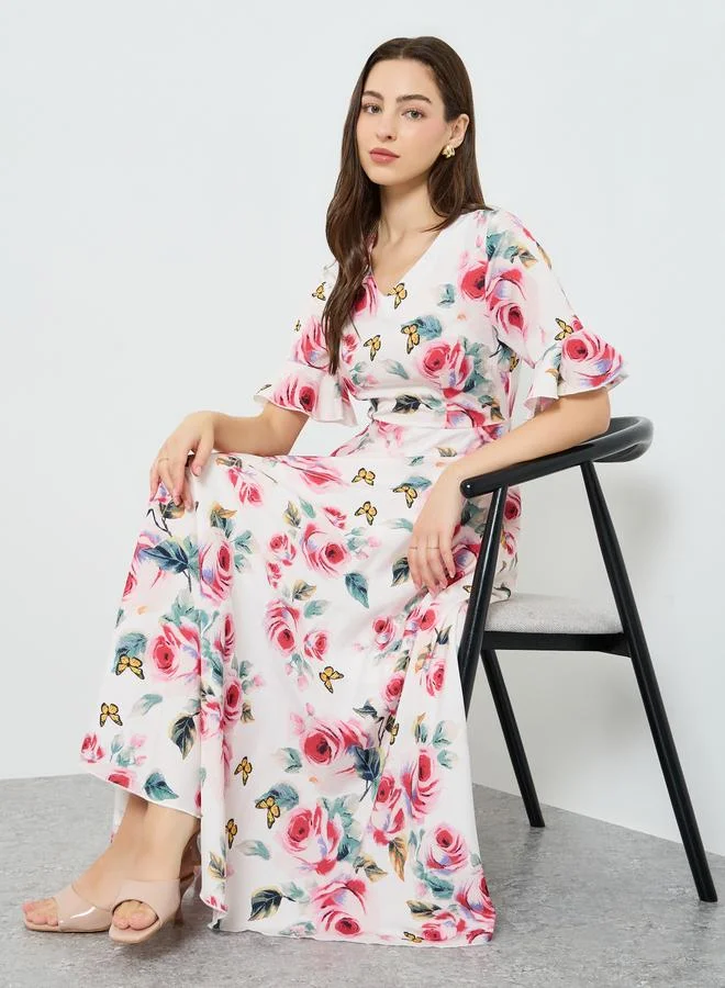 تايك تو فستان ميدي بياقة بفتحة رقبة ونقشة زهور للنساء